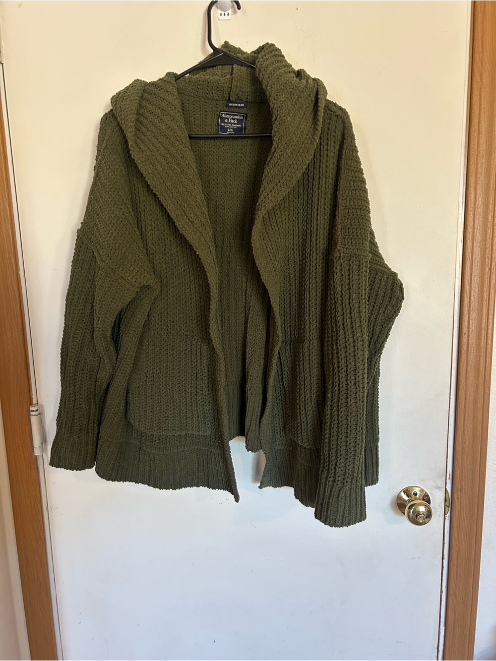 Abercrombie & Fitch Olive Green Hooded Chunky Knit Open Front Cardigan L/XL